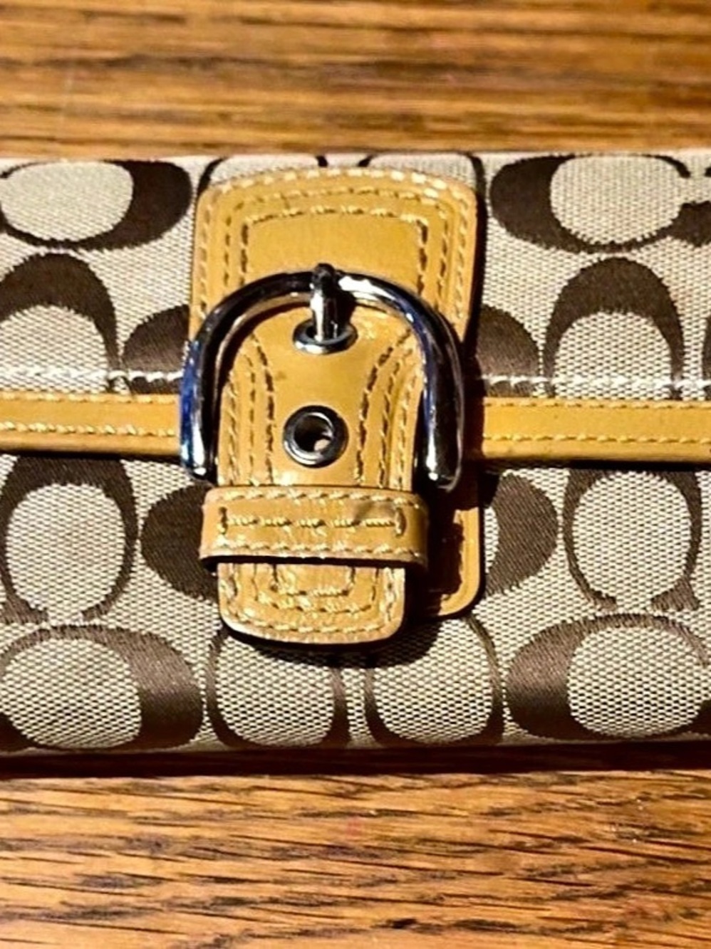 Coach Signature Jacquard Buckle Checkbook Wallet Brown & Yellow